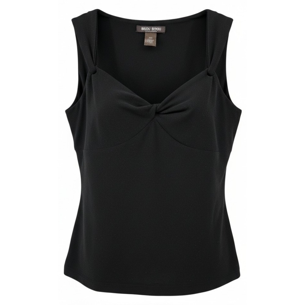 Vtg Y2K Bisou‎ Bisou Black Twist Front Stretch Tank Top Sz M V-Neck Bodycon Chic